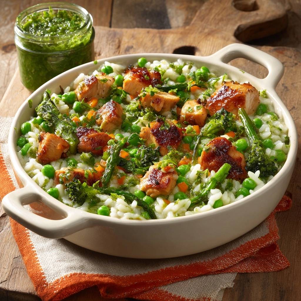 Cremiges Frühlings-Risotto mit glasiertem Hähnchen, nahaufnahme der Portion mit Hähnchenstücken und Gemüse