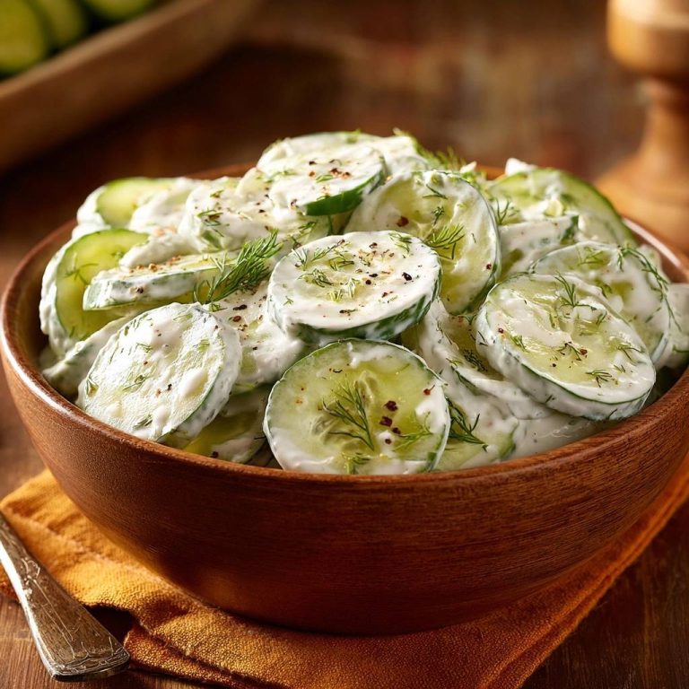 Cremiger Gurkensalat mit Dill, Nahaufnahme der cremigen Textur und frischen Dillspitzen im Holznapf.