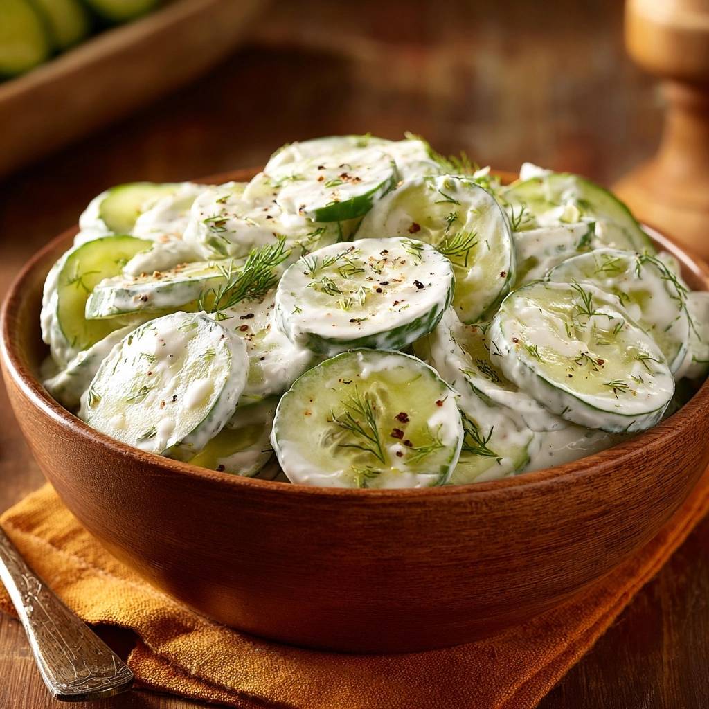 Cremiger Gurkensalat mit Dill, Nahaufnahme der cremigen Textur und frischen Dillspitzen im Holznapf.