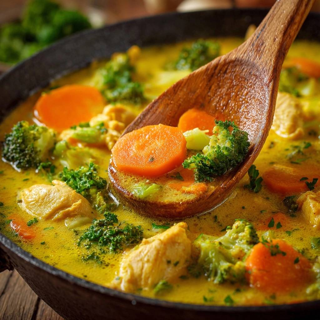 Cremiges Hähnchen-Curry mit Brokkoli, das mit einem Holzkochlöffel serviert wird und Karotten und Brokkoliröschen zeigt.
