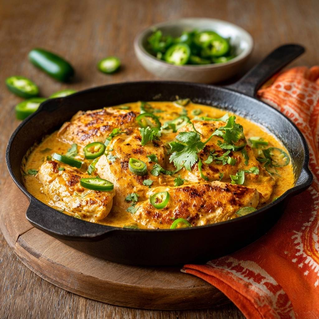 Cremiges Kokos-Curry-Hähnchen aus der Pfanne, garniert mit frischem Koriander und Jalapeñoscheiben.