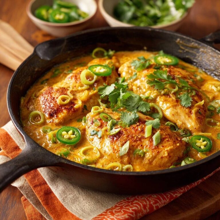 Cremiges Kokos-Curry-Hähnchen in einer gusseisernen Pfanne, garniert mit Koriander und Jalapeños.