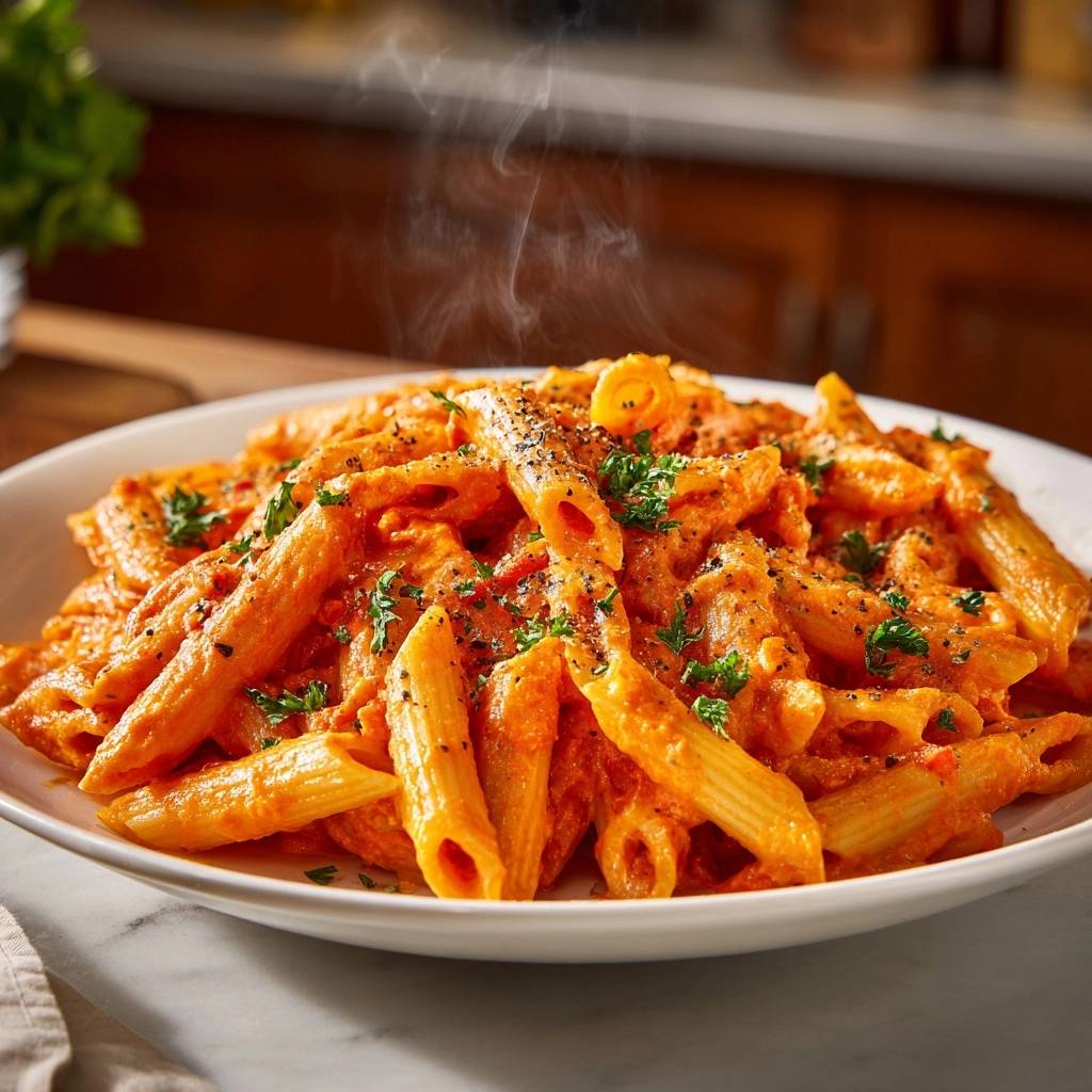 Cremige Penne Arrabbiata, dampfend und mit frischer Petersilie garniert, serviert in einer weißen Schüssel.