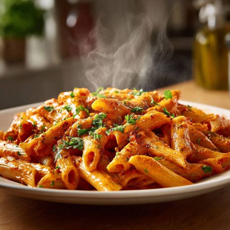 Cremige Penne Arrabbiata dampfend auf einem Teller serviert, mit frischer Petersilie garniert und in einer roten Sauce.
