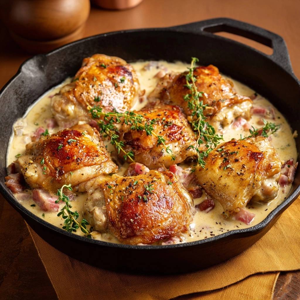 Cremiges Pfannenhähnchen mit Speck im Gusseisen, kross gebraten und mit frischen Kräutern garniert