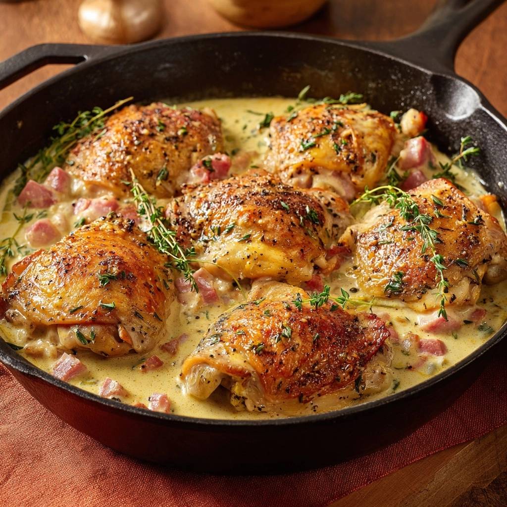 Cremiges Pfannenhähnchen mit Speck, kross gebratene Hähnchenschenkel in einer cremigen Specksoße in einer Gusseisenpfanne.