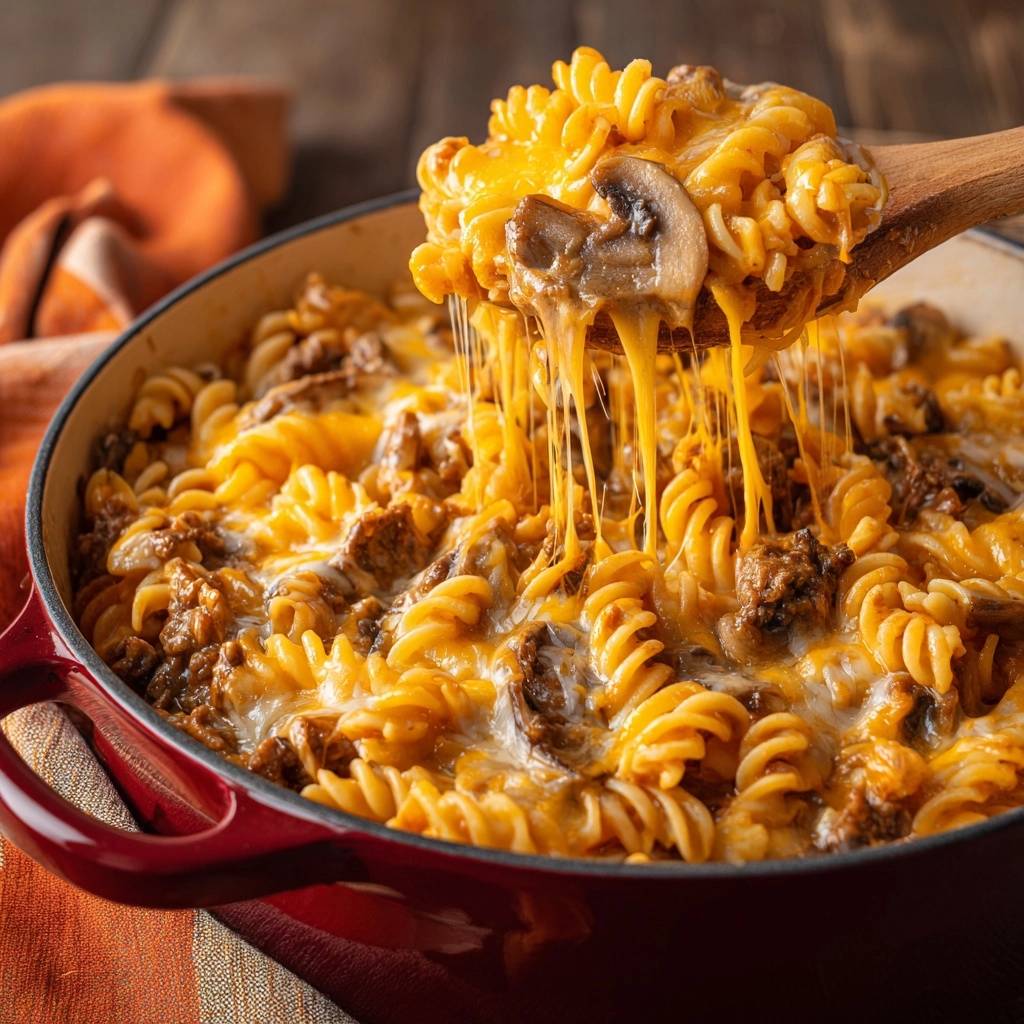 Cremiger Rinder-Pilz-Nudeltopf mit geschmolzenem Käse, der von einem Holzlöffel gezogen wird.