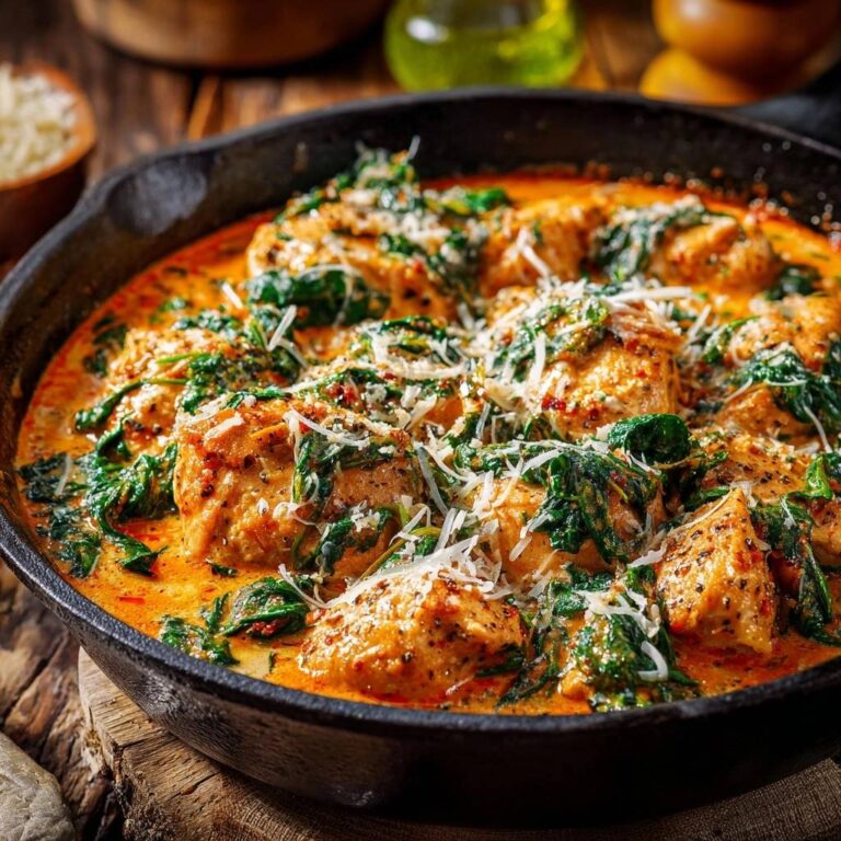 Cremiges Toskana-Hähnchen mit Spinat in einer Gusseisenpfanne, nahaufnahme der cremigen Sauce und des Hähnchens.