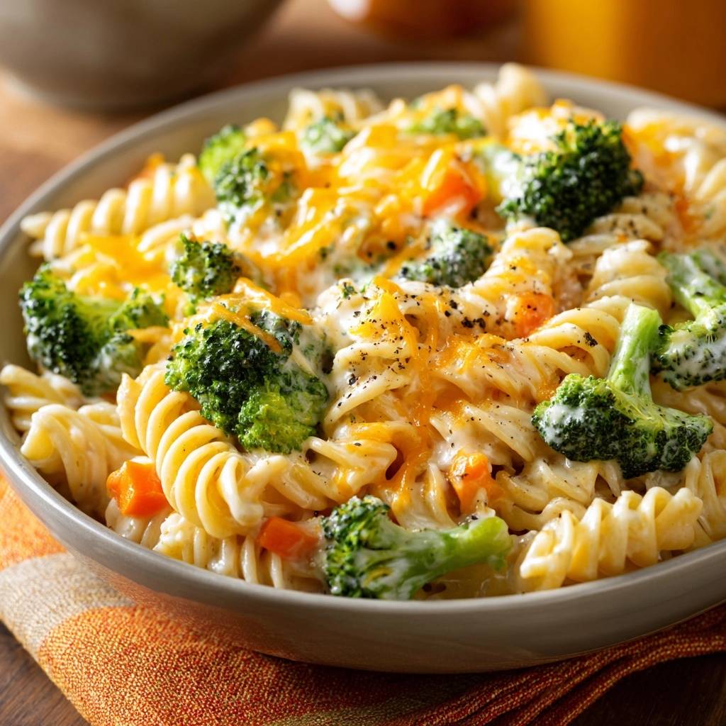 Cremige Brokkoli-Käse-Pasta mit geschmolzenem Käse und frisch gemahlenem Pfeffer in einer Schüssel, nahaufnahme