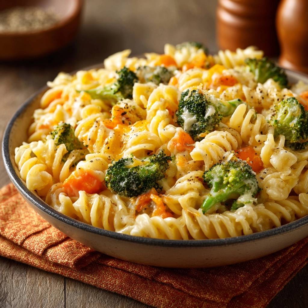 Cremige Brokkoli-Käse-Pasta als Nahaufnahme mit sichtbaren Nudeln, Brokkoliröschen und Käsesauce.