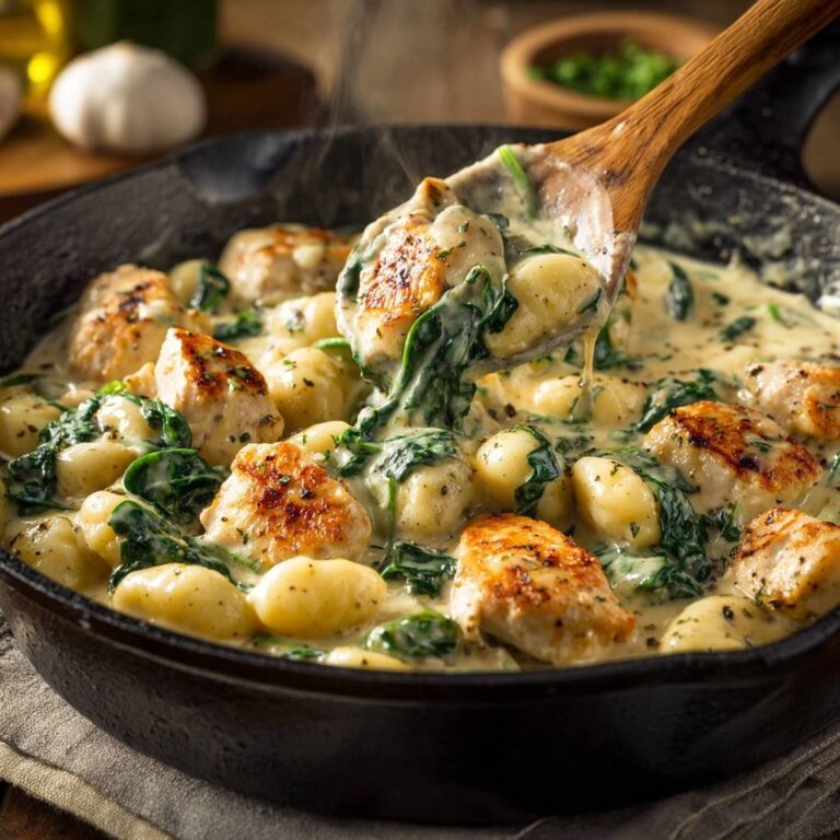 Cremige Gnocchi-Pfanne mit Hähnchen wird mit einem Holzlöffel serviert, dampfend heiß und cremig.