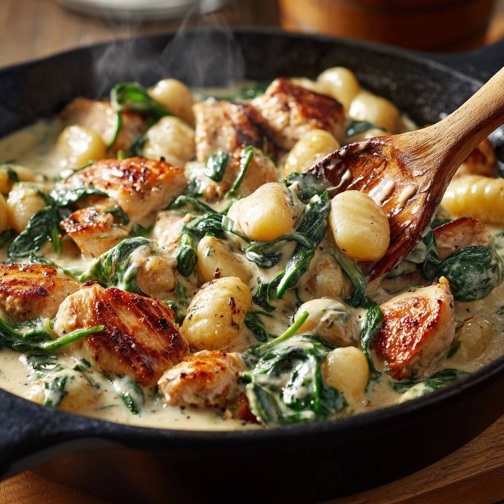 Cremige Gnocchi-Pfanne mit Hähnchen, nah aufgenommen, wie ein Holzlöffel eine Portion aus der Pfanne hebt.