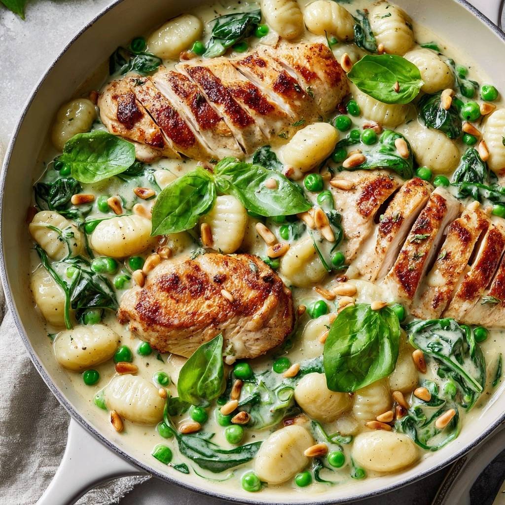 Cremige Gnocchi-Pfanne mit Hähnchen, von oben in einer weißen Pfanne mit Gnocchi, Hähnchenbrust, Spinat und Erbsen serviert.