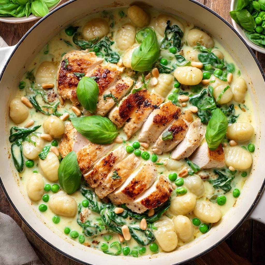 Cremige Gnocchi-Pfanne mit Hähnchen von oben, mit Garnitur aus Basilikum, Pinienkernen und Erbsen in einer Pfanne.