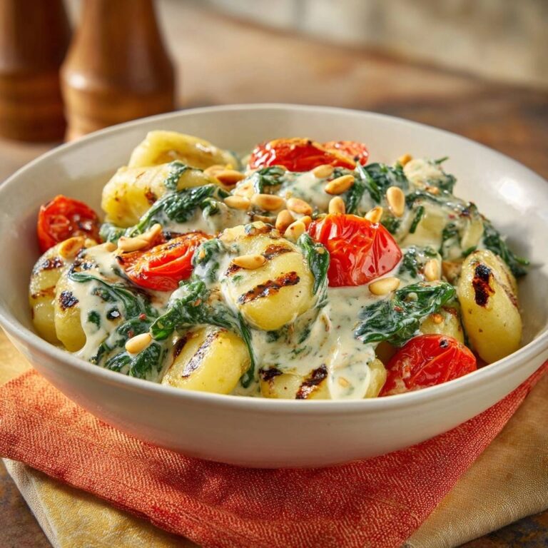Cremige Grillpfannen-Gnocchi mit Spinat als detailreiche Nahaufnahme in einer Schüssel mit Pinienkernen und Kirschtomaten.