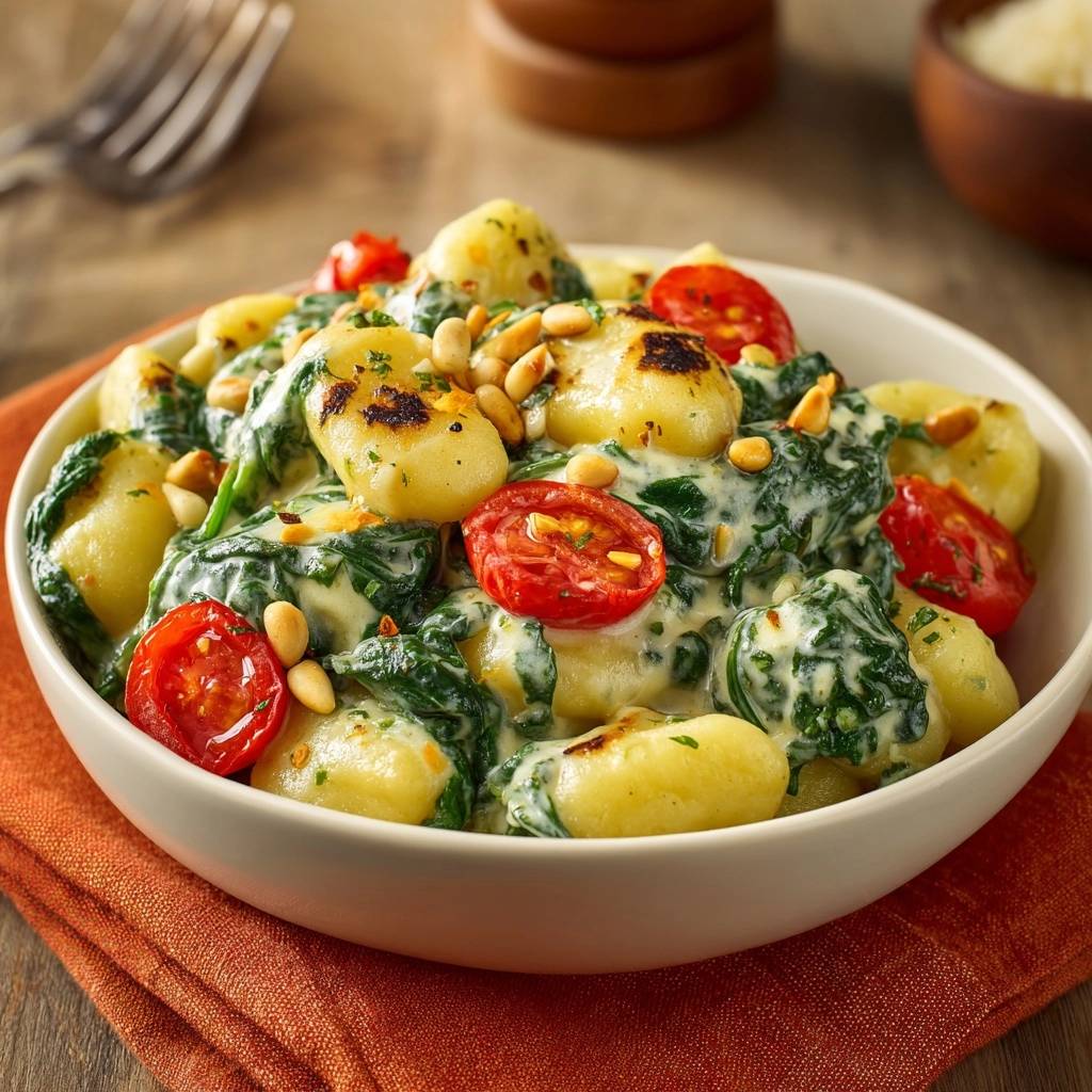 Cremige Grillpfannen-Gnocchi mit Spinat und Tomaten, eine Nahaufnahme mit Pinienkernen und geschmorten Kirschtomaten in einer weißen Schüssel.