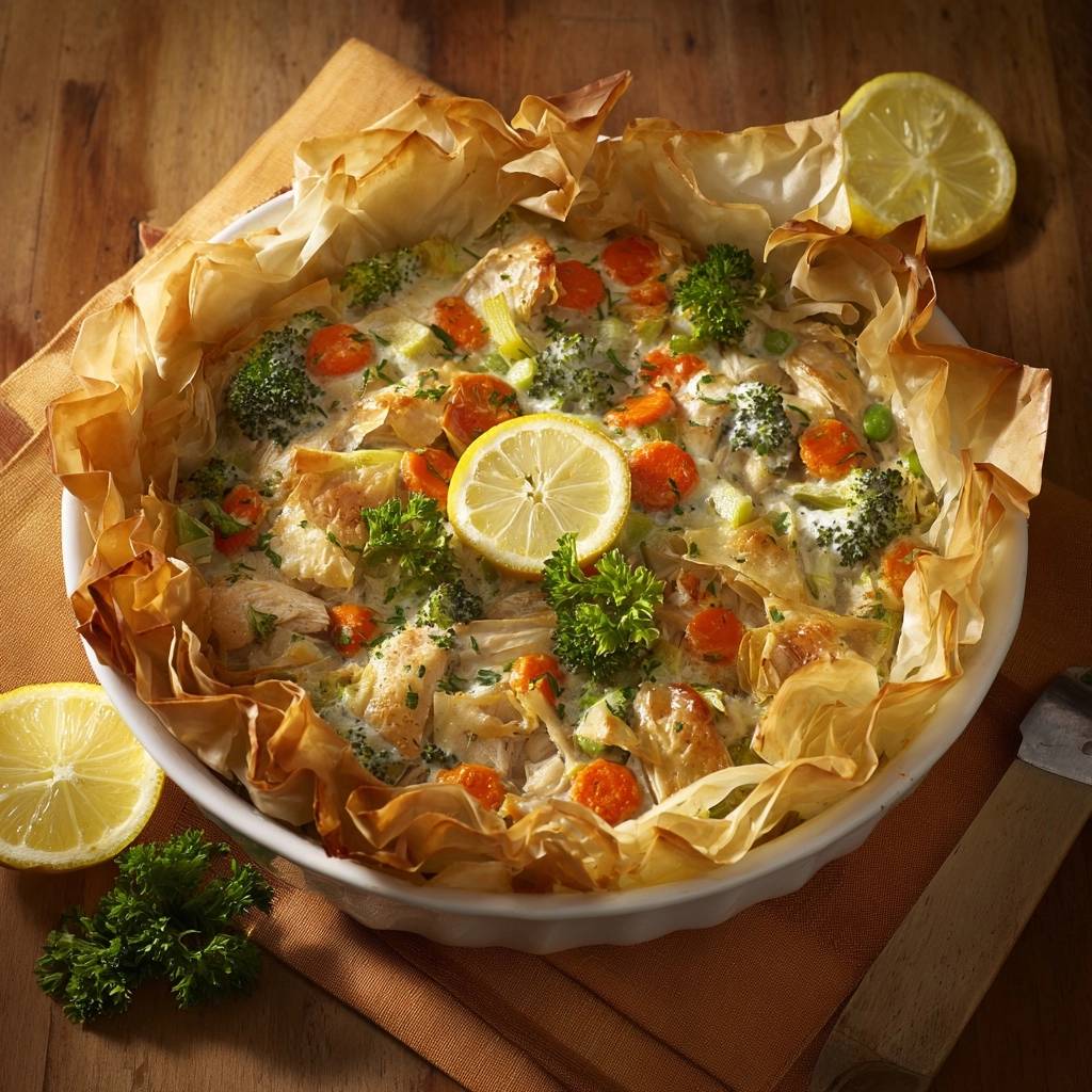 Cremige Hähnchen-Gemüse-Quiche garniert mit einer Zitronenscheibe und frischer Petersilie, gebacken in Blätterteig.