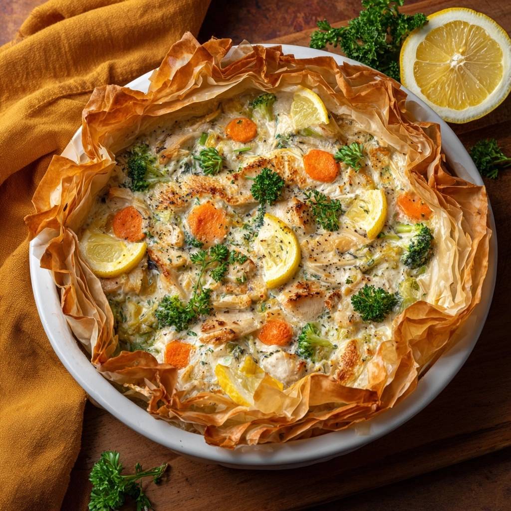 Cremige Hähnchen-Gemüse-Quiche von oben mit Zitronenscheiben, Karotten und Petersilie garniert.