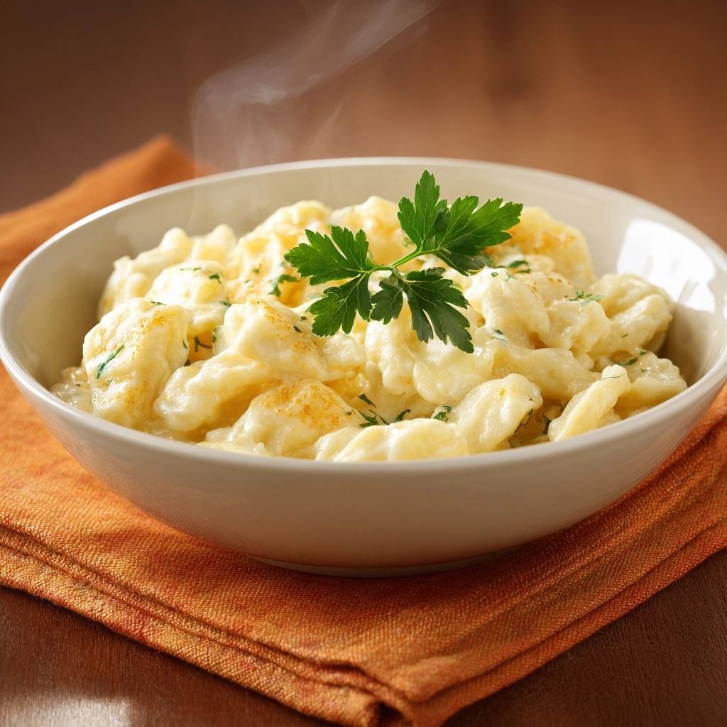 Cremige Käse-Spätzle garniert mit frischer Petersilie in einer Schüssel, heiß und dampfend.