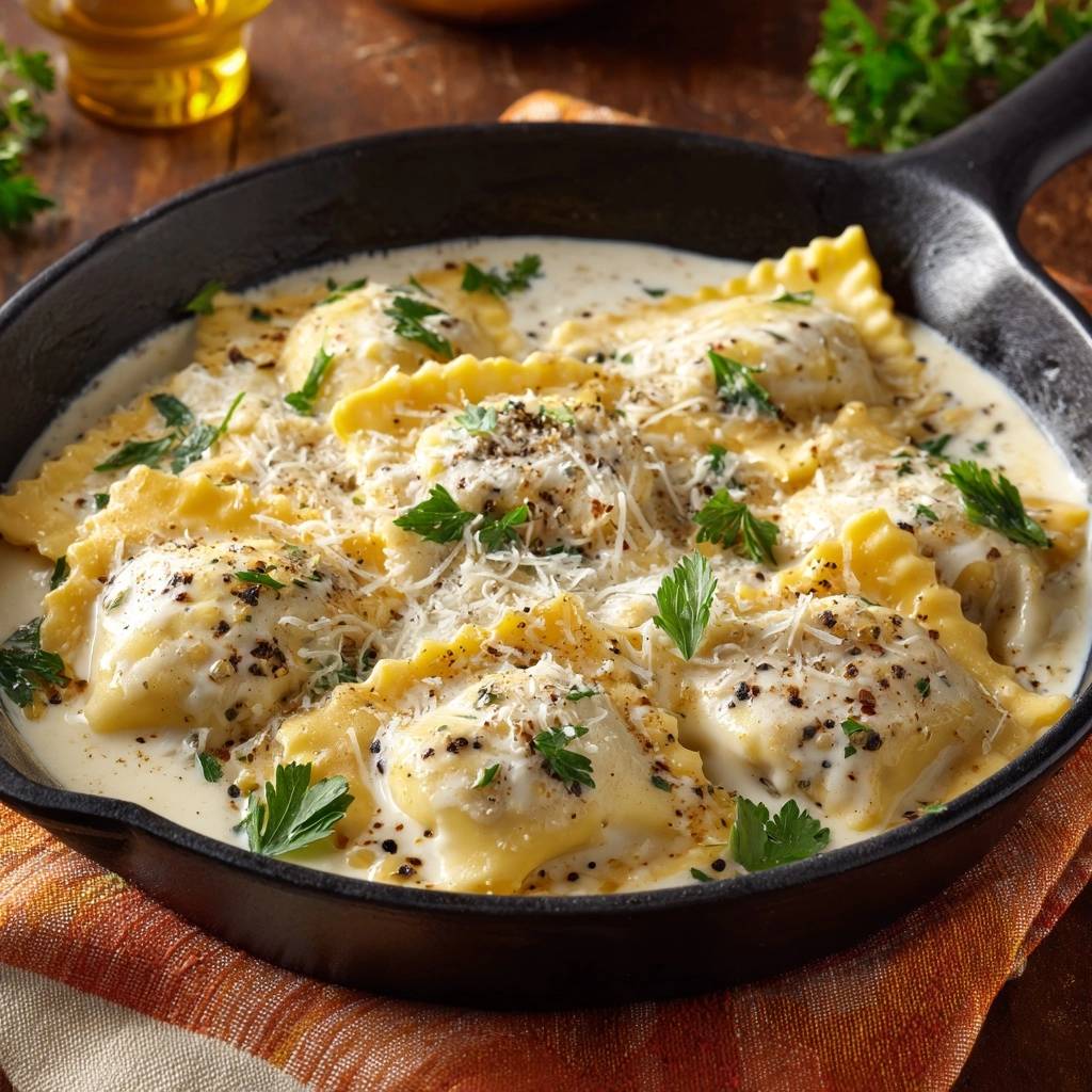 Cremige Pfannen-Ravioli in Parmesan-Sauce, detailreich garniert mit frischer Petersilie und geriebenem Käse.