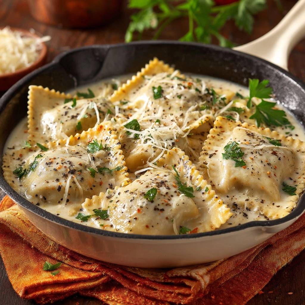 Cremige Pfannen-Ravioli in Parmesan-Sauce, nahaufnahme der Ravioli mit zerstoßenem Pfeffer und frischer Petersilie garniert.