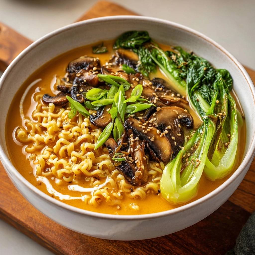 Cremige Pilz-Ramen mit Pak Choi, garniert mit Frühlingszwiebeln und Sesam, in einer Schüssel serviert.