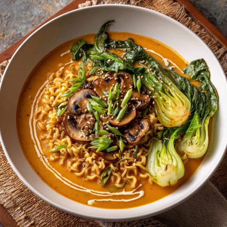 Cremige Pilz-Ramen mit Pak Choi von oben in einer weißen Schüssel mit Pilzen, Pak Choi und Sesamgarnitur.