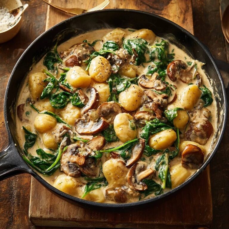 Cremige Pilz-Spinat-Gnocchi in einer Gusseisenpfanne mit cremiger Sauce, garniert mit frischem Spinat und Pilzen.
