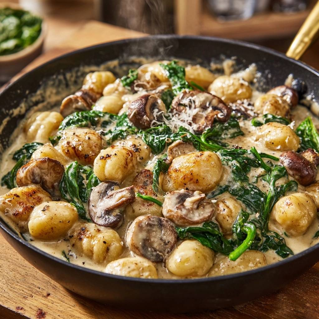 Cremige Pilz-Spinat-Gnocchi in der Pfanne mit geschmolzenem Käse und frischem Spinat, eine Nahaufnahme.