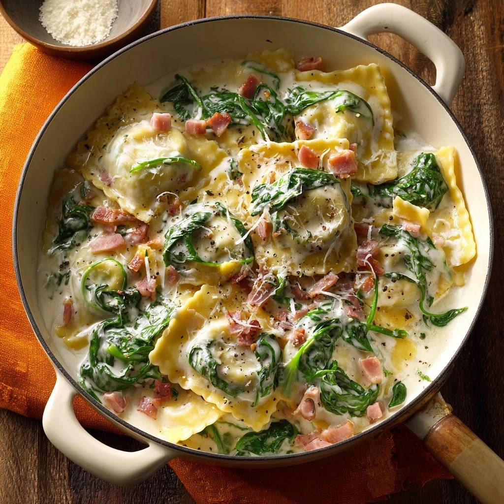 Cremige Ravioli-Pfanne mit Spinat und Bacon, von oben in einer weißen Pfanne serviert.