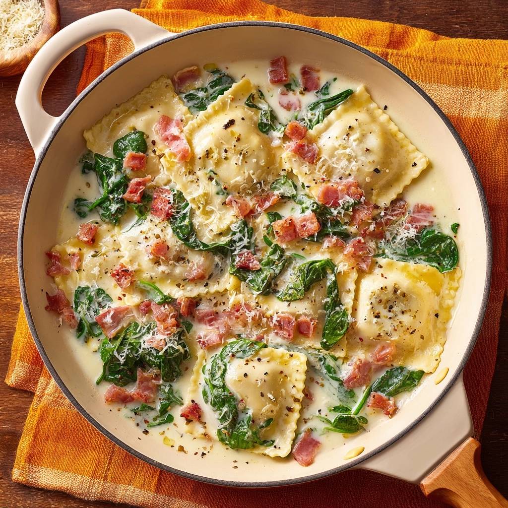 Cremige Ravioli-Pfanne mit Spinat und Bacon, von oben in einer Pfanne serviert, mit Speckwürfeln und geriebenem Käse bestreut.