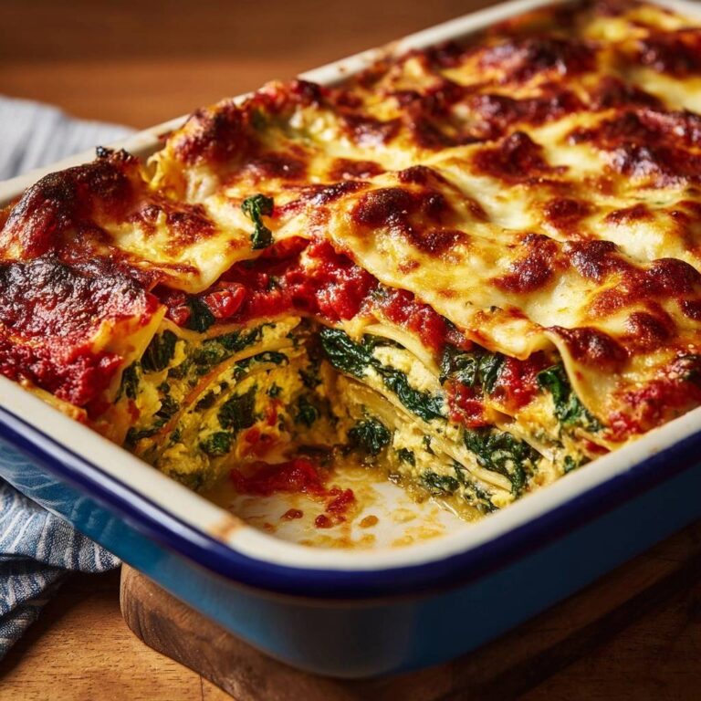 Cremige Spinat-Ricotta-Lasagne angeschnitten in einer blauen Auflaufform, mit geschmolzenem Käse und Tomatensauce.