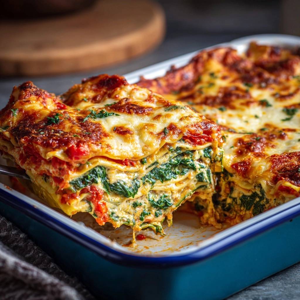 Cremige Spinat-Ricotta-Lasagne angeschnitten, mit sichtbaren Schichten aus Spinat, Ricotta und Sauce, in einer blauen Auflaufform.