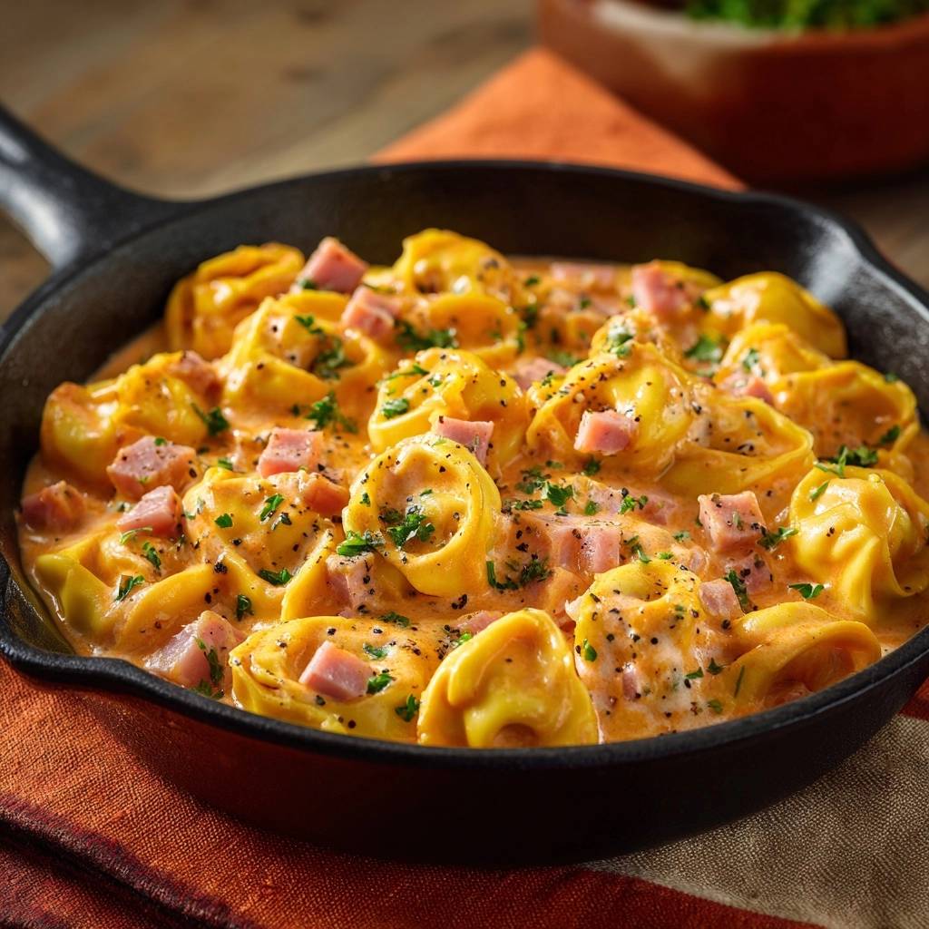 Cremige Tortellini-Pfanne mit Speck, detailreiche Nahaufnahme der Tortellini in cremiger Sauce mit Speckwürfeln und Petersilie.