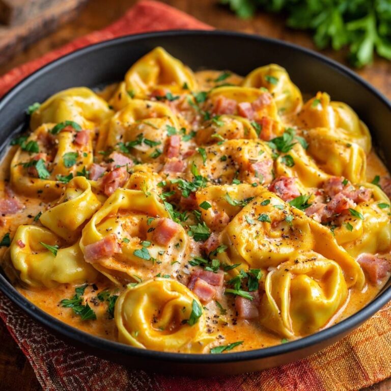 Cremige Tortellini-Pfanne mit Speck, appetitlich serviert mit frischer Petersilie und einer reichhaltigen Sauce.