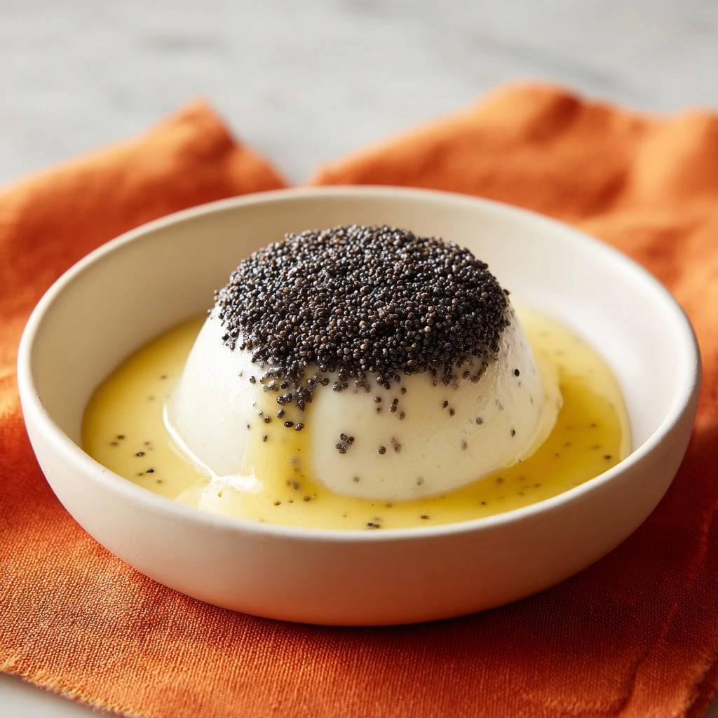 Cremige Vanille-Panna-Cotta mit Mohn-Haube wird in einer Schüssel mit Zitronensauce serviert, Nahaufnahme der Mohn-Garnitur.