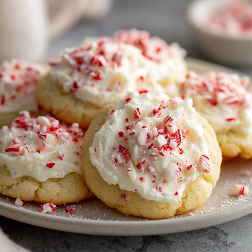 Cremige Zuckerplätzchen mit Pfefferminz-Topping, nahaufnahme der verzierten Kekse mit zerstoßenem Pfefferminz.