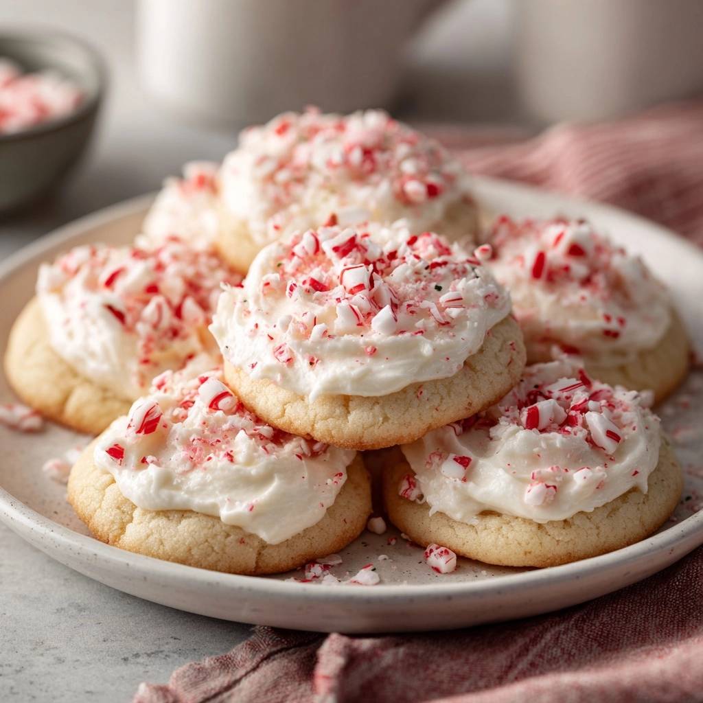 Cremige Zuckerplätzchen mit Pfefferminz-Topping, nahaufnahme der dekorierten Plätzchen mit zerstoßenem Pfefferminz auf weißer Glasur.