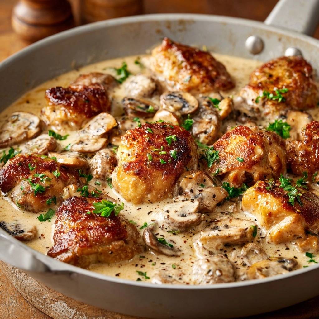 Cremiges Pilz-Hähnchen aus der Pfanne, nahaufnahme der goldbraunen Hähnchenteile in cremiger Pilzsauce mit Petersilie garniert.