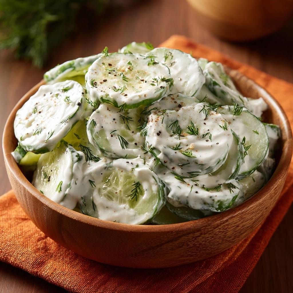 Cremiger Gurkensalat mit Dill als Nahaufnahme in einer Holzschale mit frischen Dillspitzen garniert.