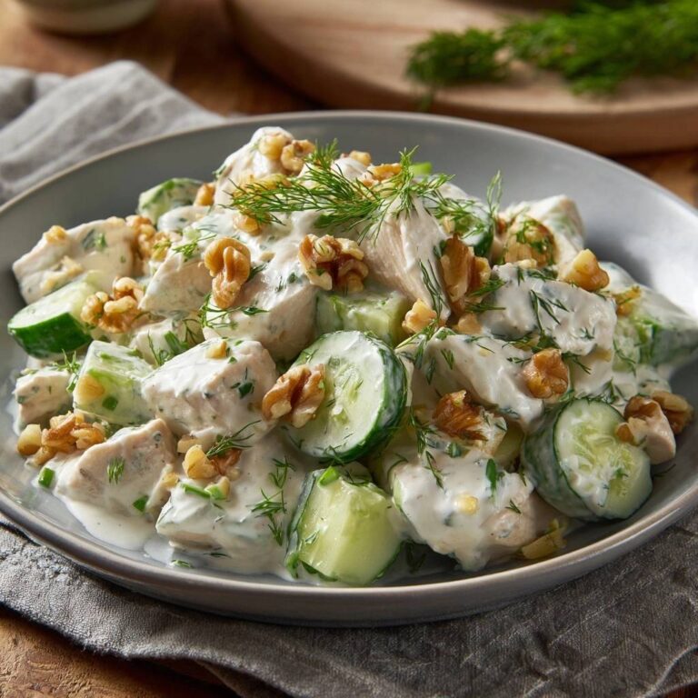 Cremiger Hähnchen-Gurken-Salat mit Walnüssen und Dill, garniert und in einer Schüssel serviert.