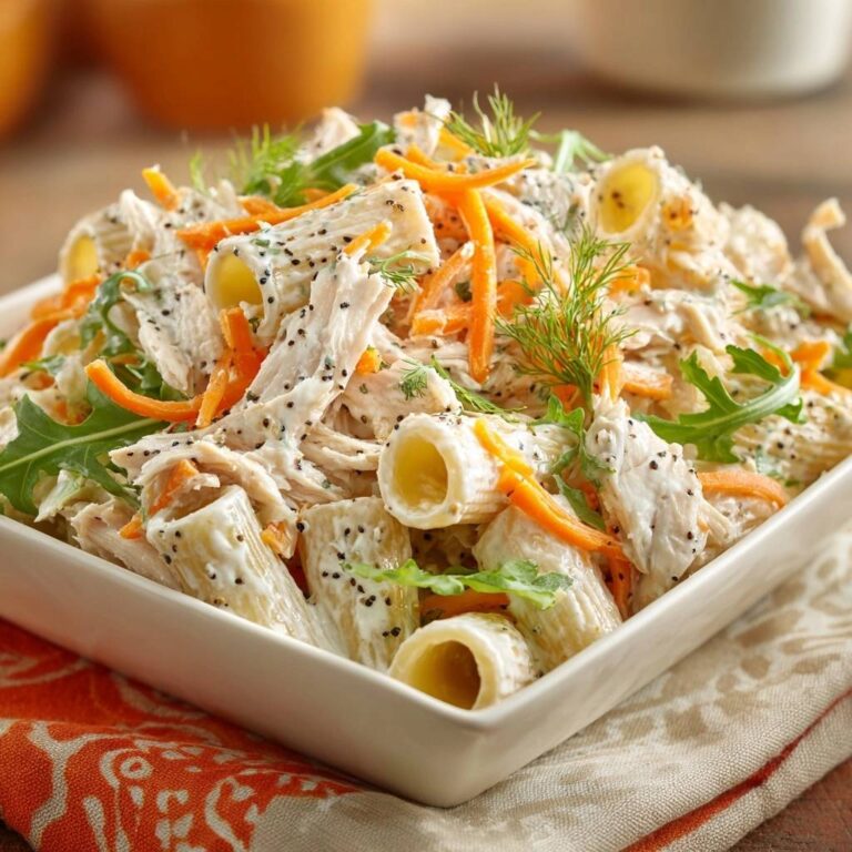 Cremiger Hähnchen-Pasta-Salat mit Karotten und Dill, nah aufgenommen und mit frischen Kräutern garniert.