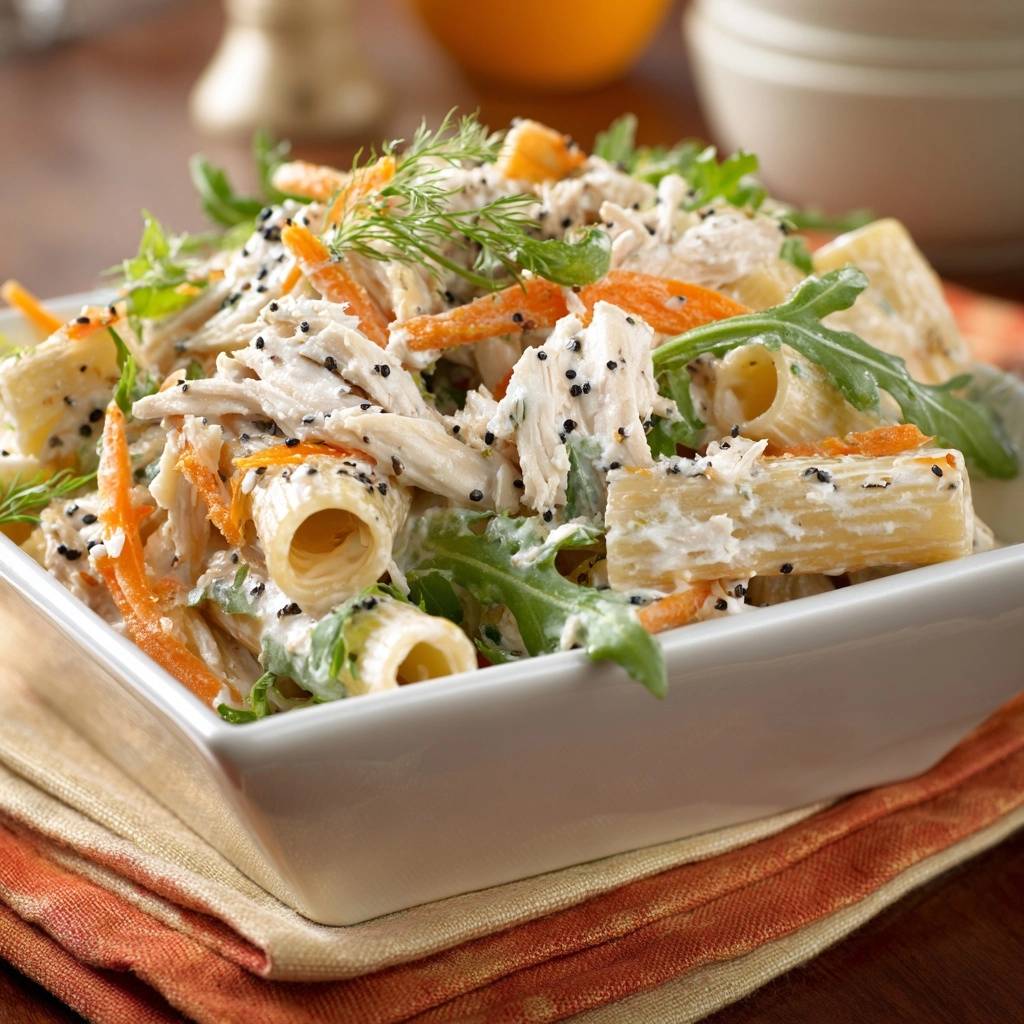 Cremiger Hähnchen-Pasta-Salat in einer weißen Schüssel mit Möhren, Rucola und Dill garniert.