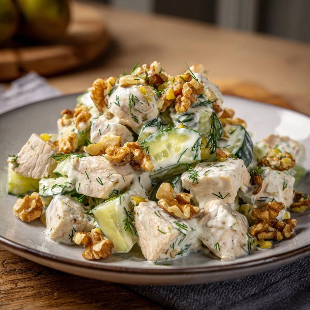 Cremiger Hähnchen-Gurken-Salat mit Walnüssen und Dill, detailreiche Nahaufnahme auf einem Teller.