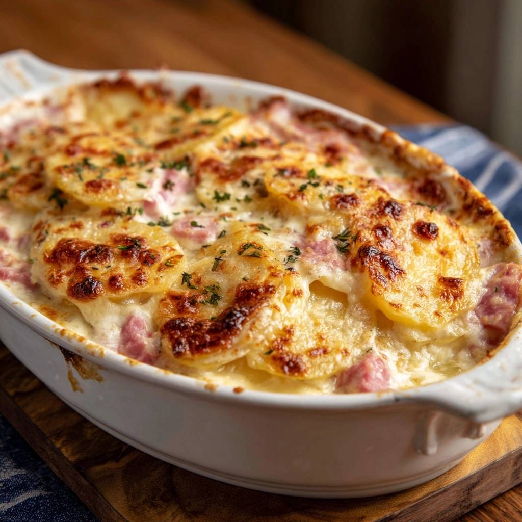 Cremiger Kartoffel-Schinken-Auflauf mit frisch gebackener Kruste und Petersilie garniert, Nahaufnahme.