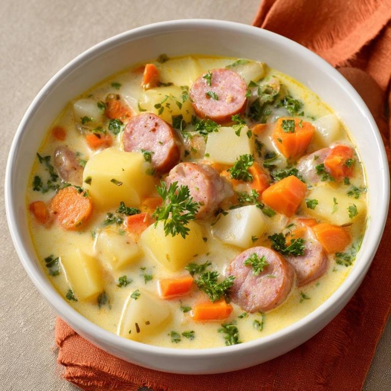 Cremiger Kartoffeleintopf mit Wursteinlage, eine Nahaufnahme, die die Kartoffelstücke, Wurstscheiben und Karotten in der cremigen Brühe zeigt.
