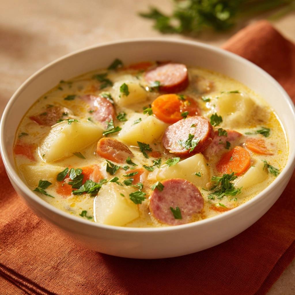 Cremiger Kartoffeltopf mit Wursteinlage als Nahaufnahme mit Kartoffelstücken, Wurstscheiben und Petersilie garniert.