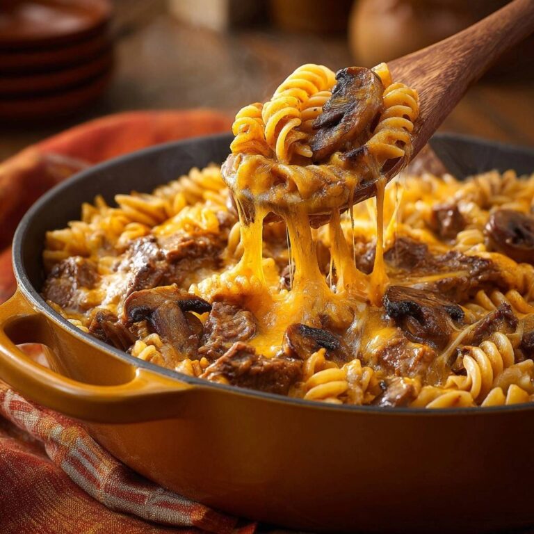 Cremiger Rinder-Pilz-Nudeltopf mit geschmolzenem Käse, der von einem Holzlöffel gezogen wird.