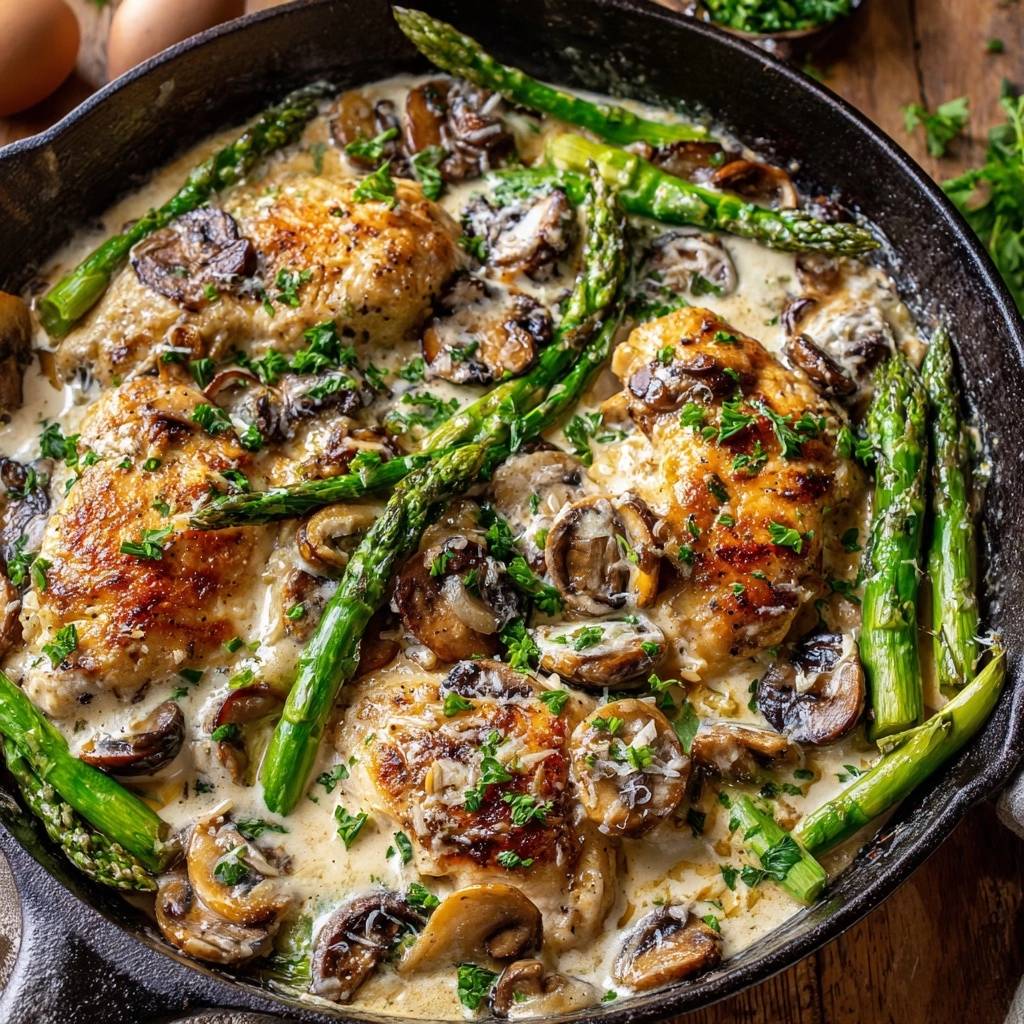 Cremiges Hähnchen mit Spargel und Pilzen in einer Gusseisenpfanne, garniert mit Petersilie und Parmesan.