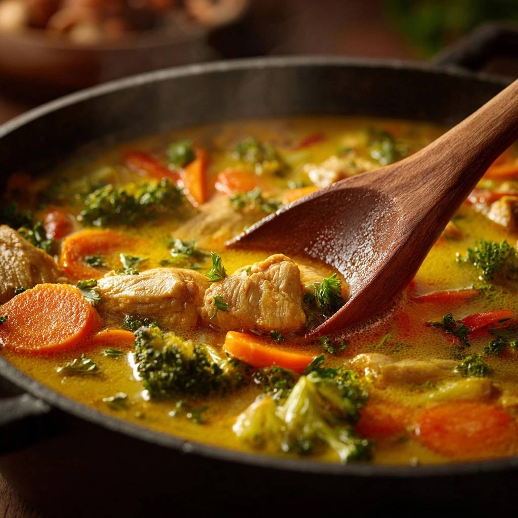 Cremiges Hähnchen-Curry mit Brokkoli, nah aufgenommen mit einem Holzlöffel, der in der köstlichen Sauce schwenkt.